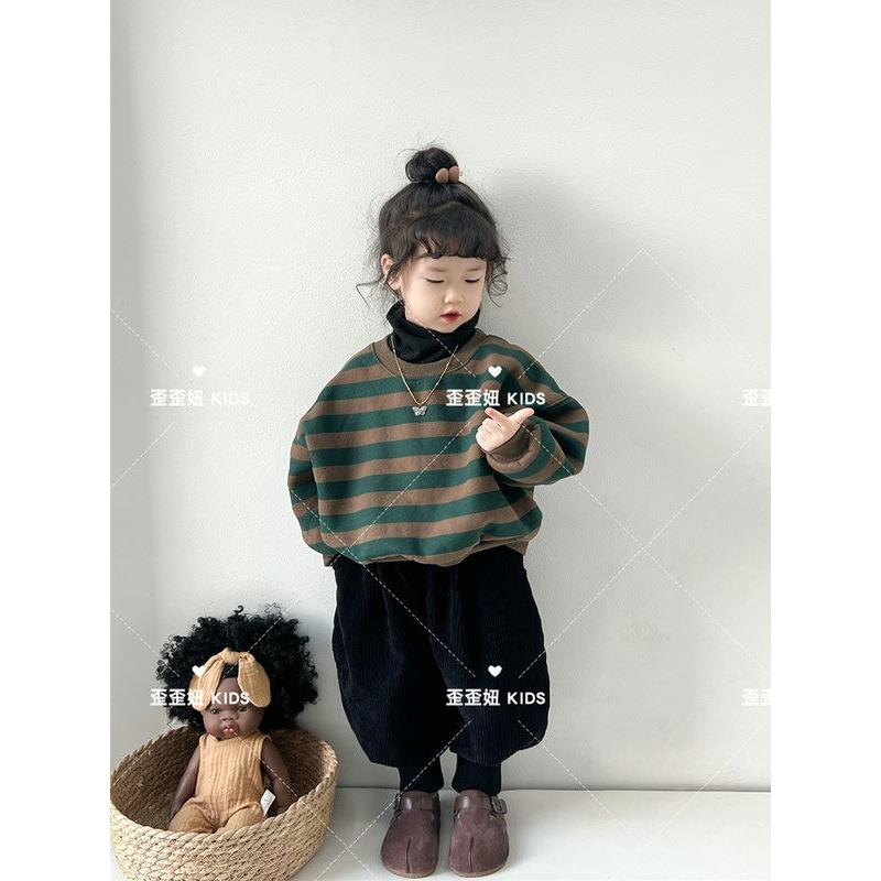 童装儿童套装加绒加厚中性复古男女童条纹假两件高领长袖卫衣D57