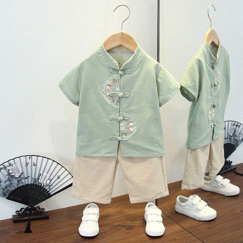 【冬款上新】儿童夏款洋气汉服2男童中国风棉麻短袖唐装套装7宝宝