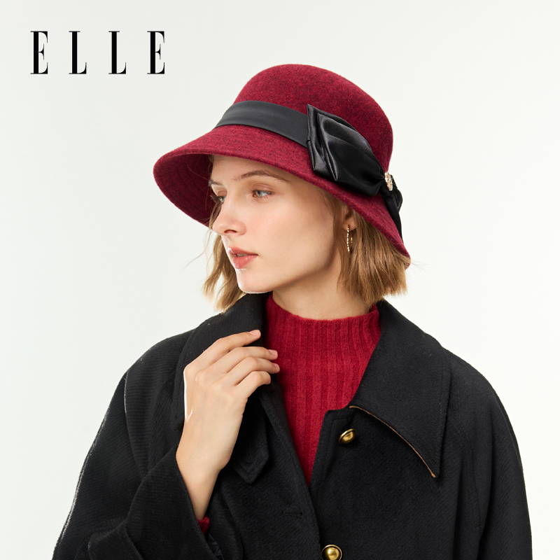 ELLE女士蝴蝶结羊毛小礼帽秋冬时尚百搭复古优雅帽子35WE15012