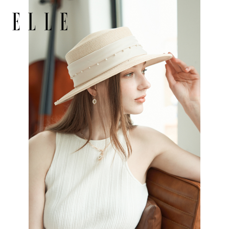 法国ELLE防晒草帽女夏海边沙滩优雅遮阳防紫外线编织35SE18018