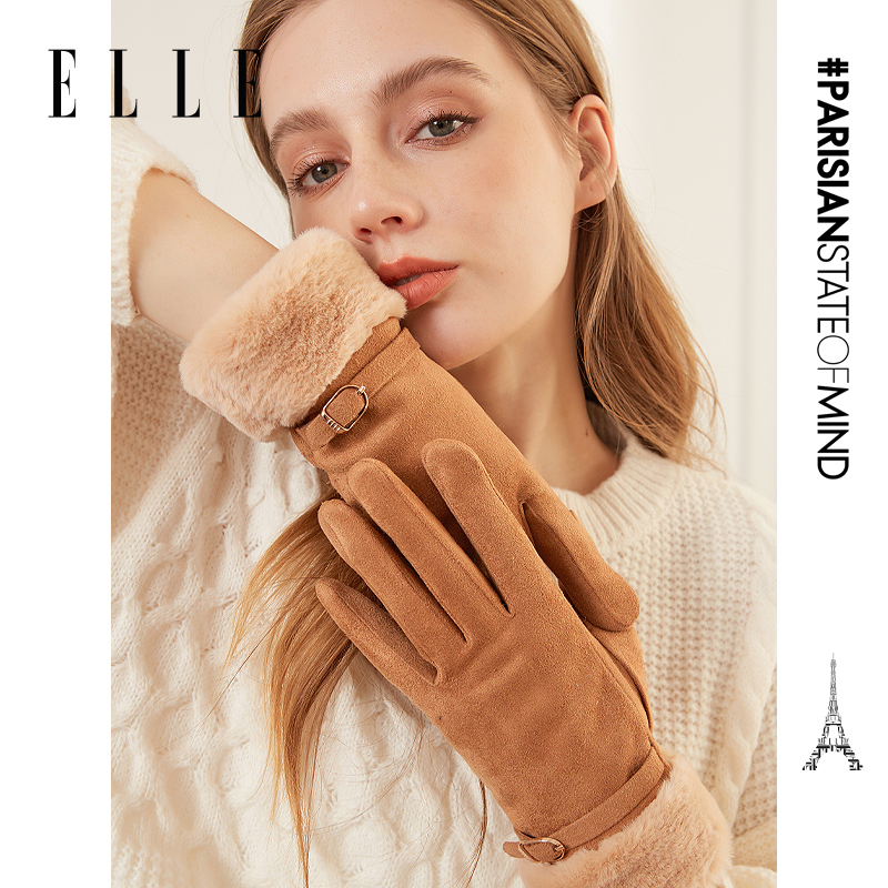 ELLE分指手套女秋冬季户外保暖加绒加厚可触屏骑行开车33WE33021