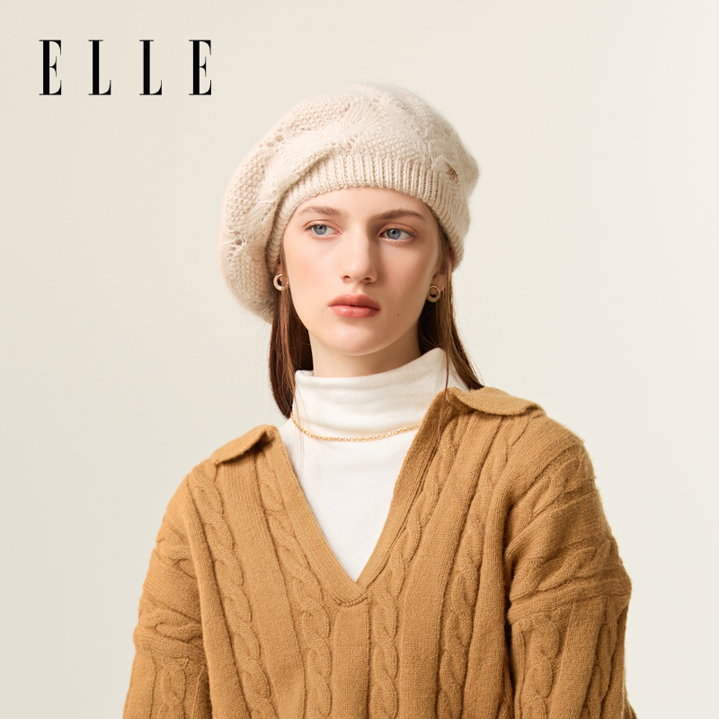 ELLE兔毛贝雷帽女秋冬季户外时尚大头围显脸小画家帽子35WE17013
