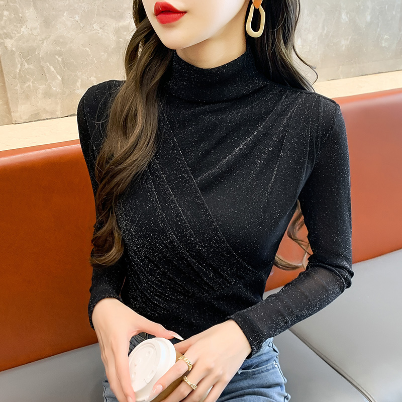 冬季银狐绒半高领网纱打底衫女长袖2025新款内搭洋气小衫t恤上衣