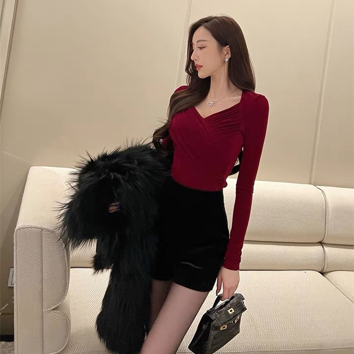 加银狐绒网纱打底衫女长袖2025秋冬新款v领小衫抽皱修身显瘦上衣