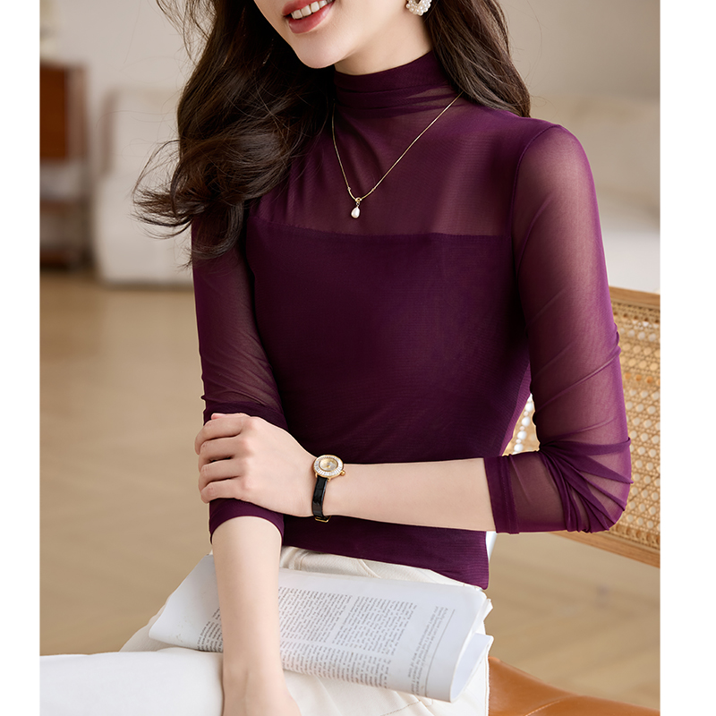 春装半高领打底衫女长袖秋冬2025新款内搭修身t恤性感网纱上衣女