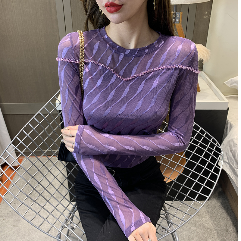 网纱拼接订珠长袖T恤女2025新款春装显瘦圆领洋气上衣加绒打底衫