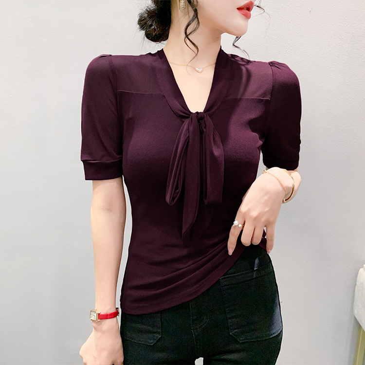 时尚系带蝴蝶结T恤女短袖夏欧货性感V领网纱上衣修身显瘦气质小衫