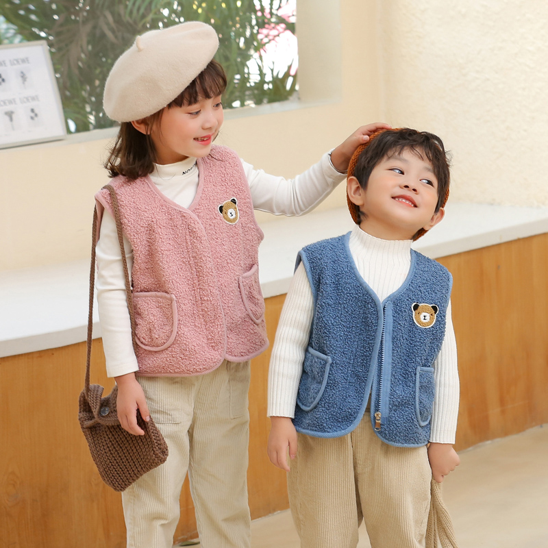 新款韩版时尚百搭男童女童中大小童摇粒绒外穿马甲加厚背心卡通厚