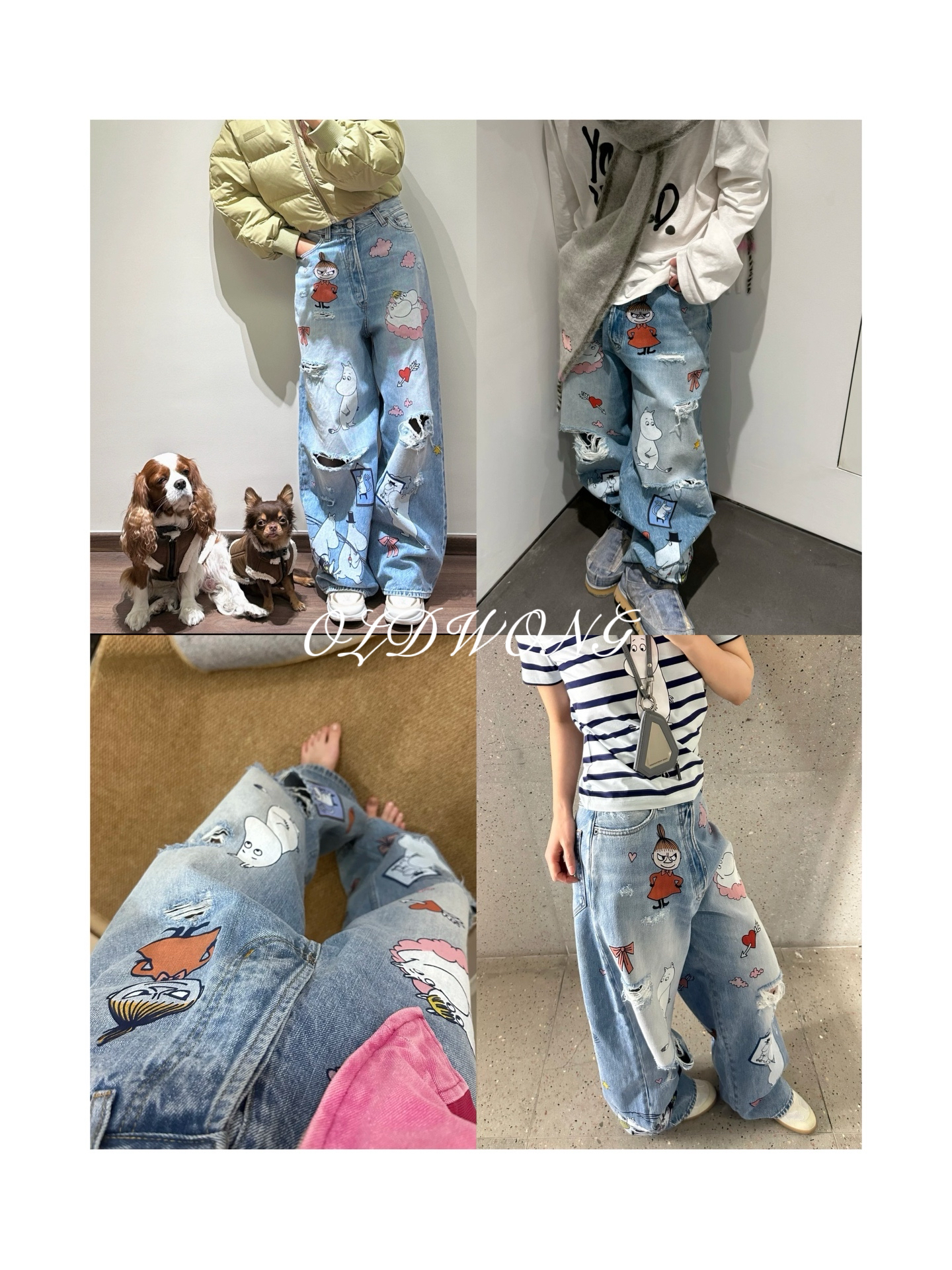 OLDWONG “童心未泯”可爱卡通印花破洞阔腿牛仔裤