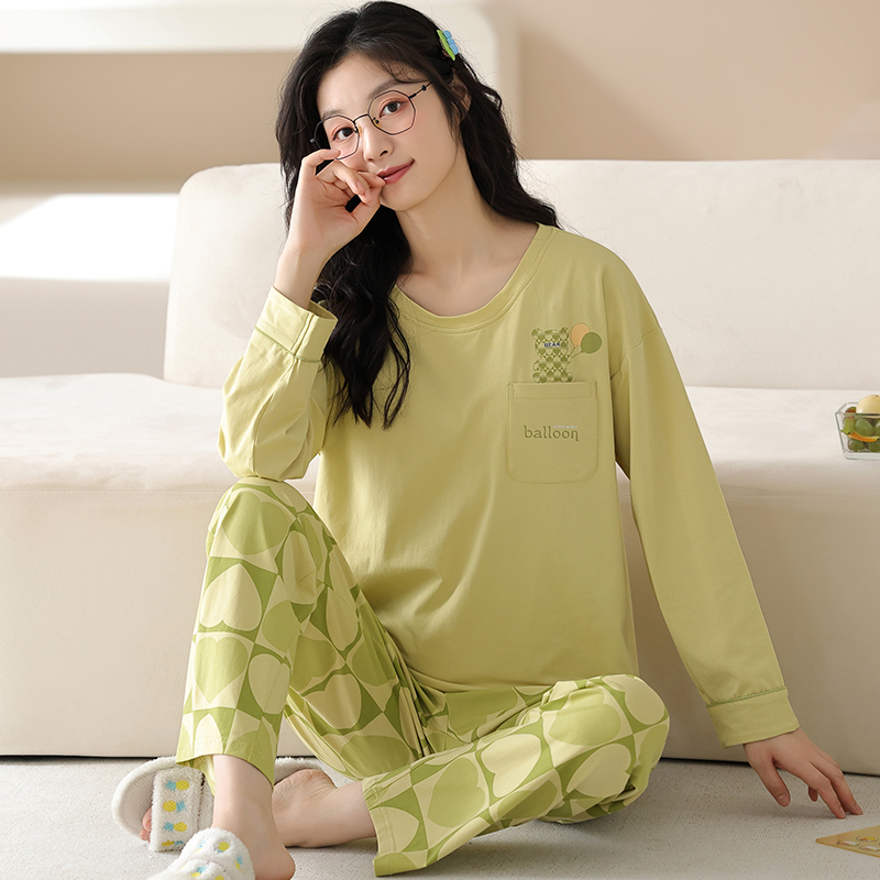 长袖睡衣女款纯棉薄款春秋季简约新款爱心印花秋冬长裤家居服套装