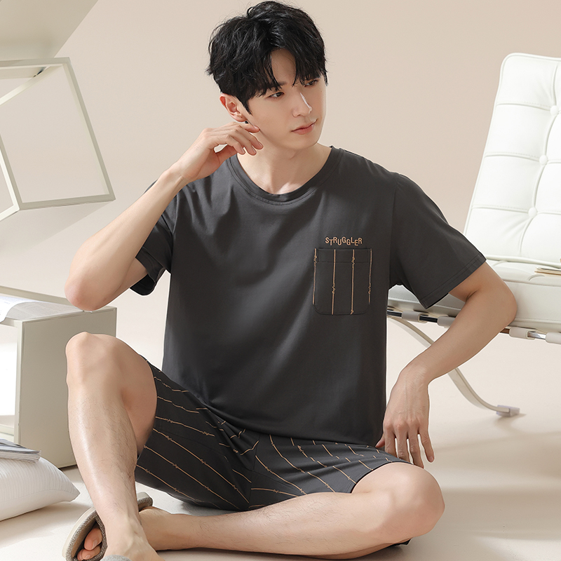 卡之恋男士睡衣夏季纯棉薄款短袖短裤条纹简约运动套装宽松家居服