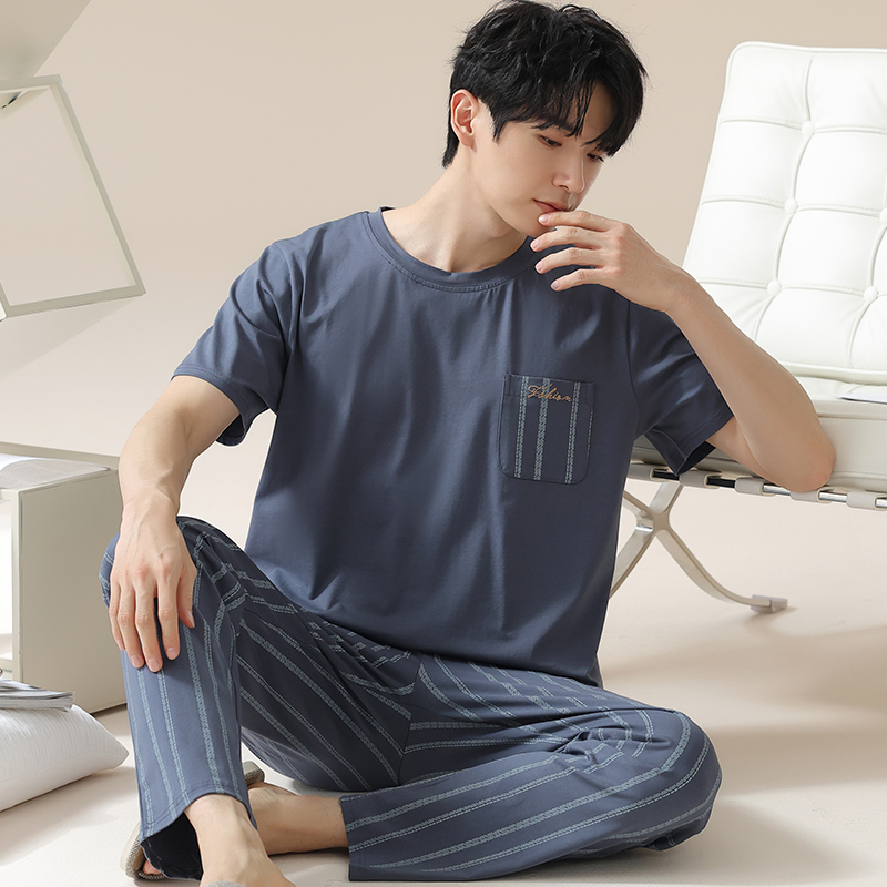 卡之恋男睡衣夏季短袖长裤条纹薄款纯棉宽松加肥加大码中年家居服