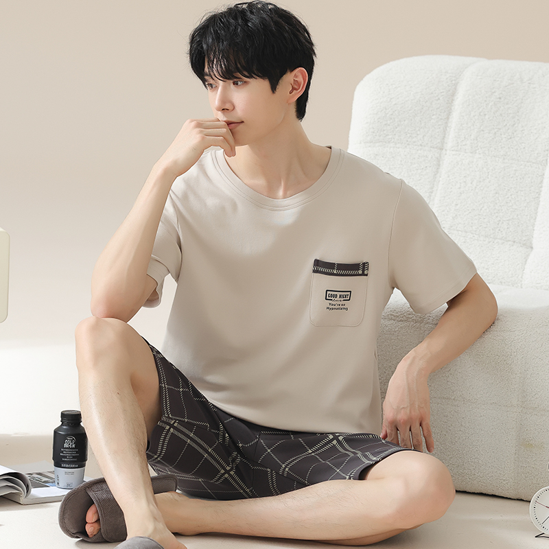 卡之恋睡衣套装男款夏季纯棉薄款圆领套头短袖短裤格子运动家居服