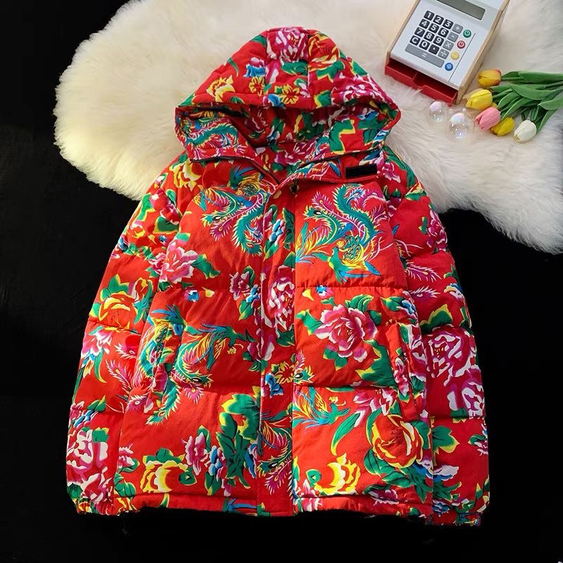 东北大花加厚棉袄冬季网红男女情侣款国潮民族风棉服外套连帽棉衣