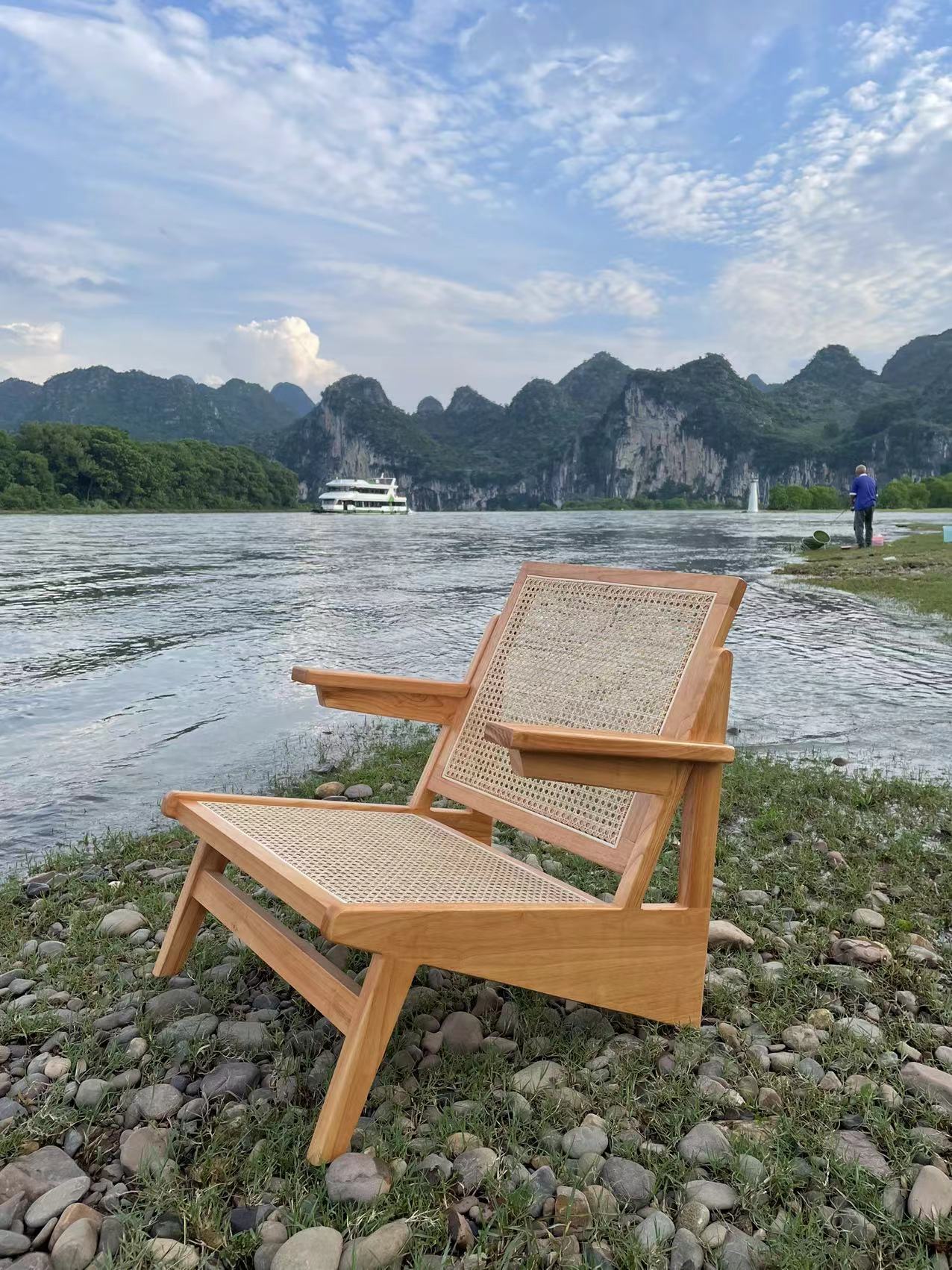 复古北欧风休闲椅简约客厅阳台沙发椅实木藤编带扶手袋鼠椅