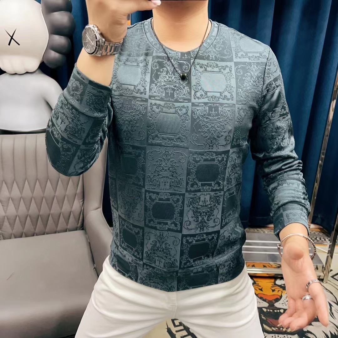 春季男上衣打底衫休闲卫衣长袖网红时尚百搭潮流舒适圆领冰丝提花