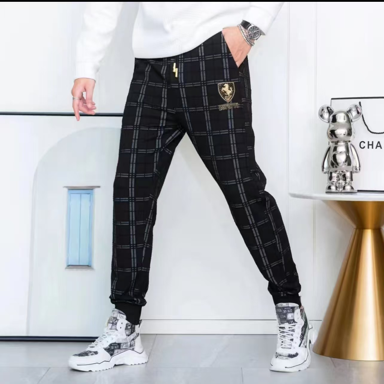 2025秋季新款高端欧货弹力修身男士个性格子提花运动束裤裤子
