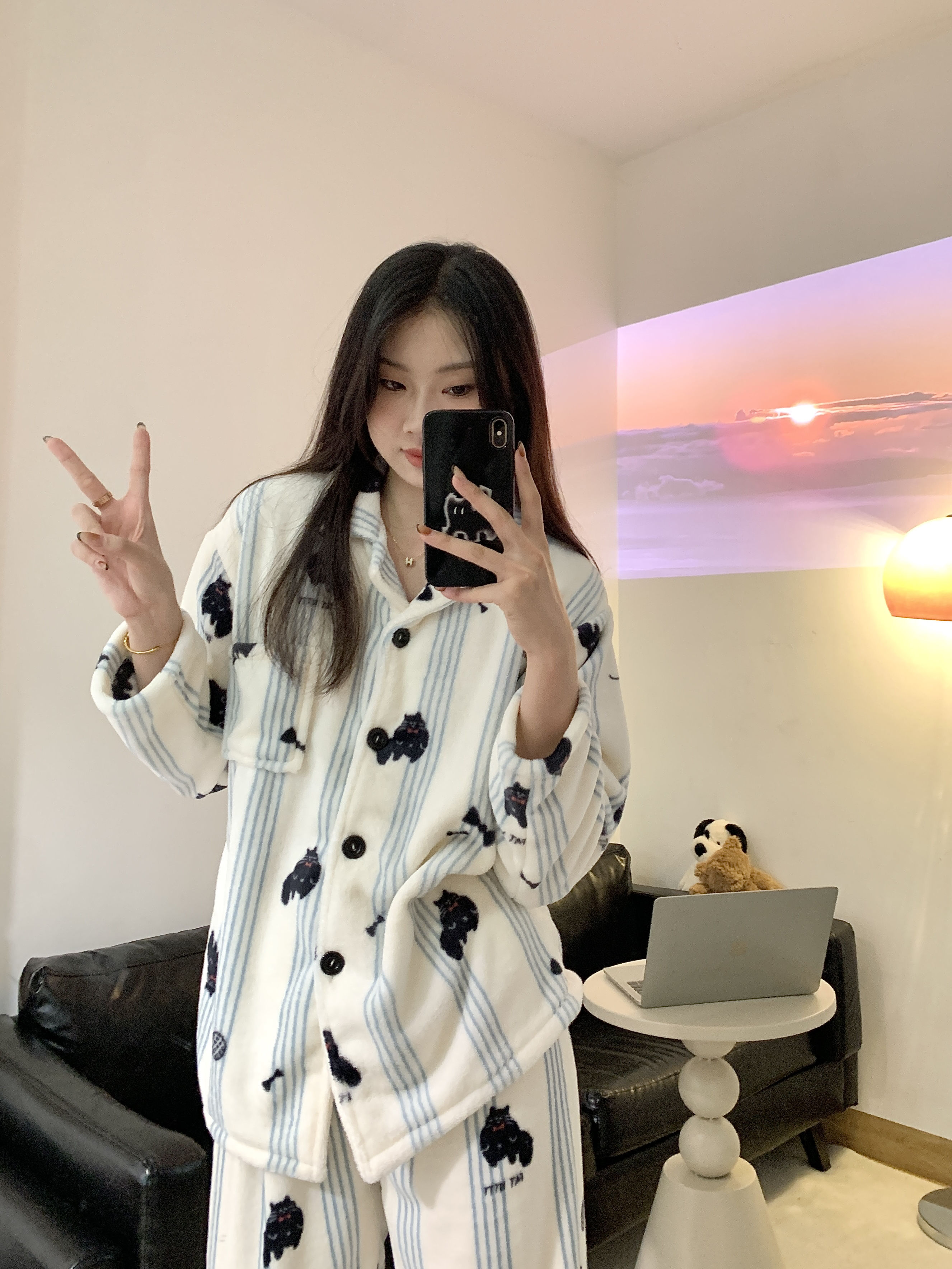 【条纹黑猫·绒】高级小众韩版条纹小猫法兰绒睡衣冬季保暖居家套装