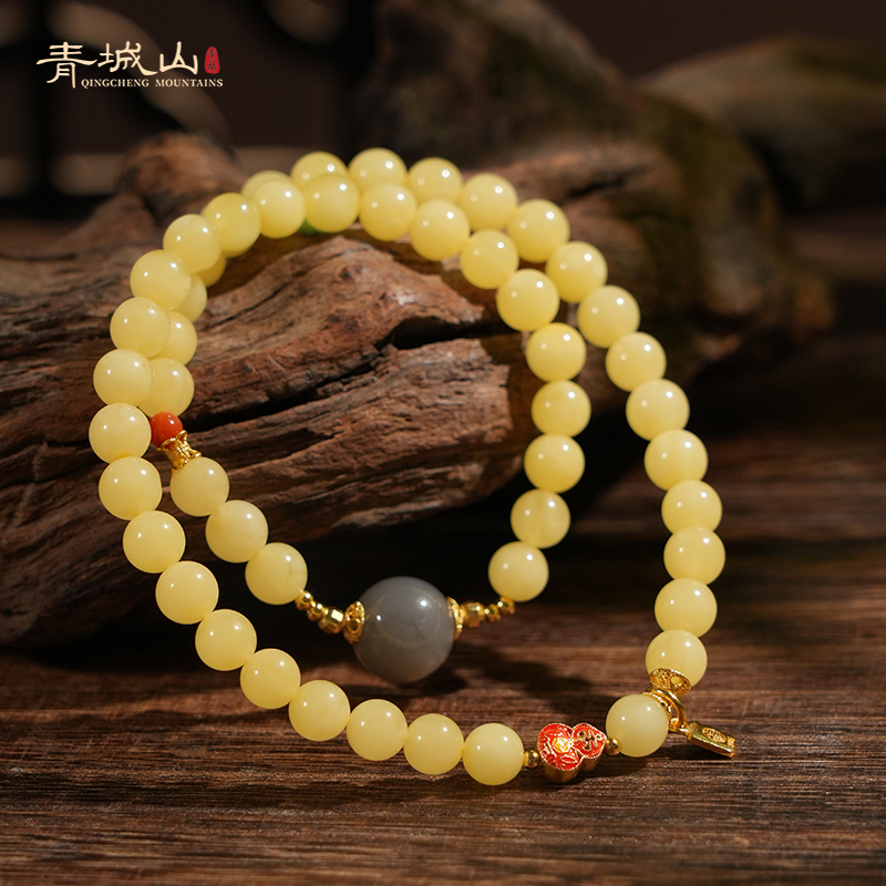 青城山【会员专享】天然正品双圈白花蜜蜡手串烟紫和田玉碎银葫芦