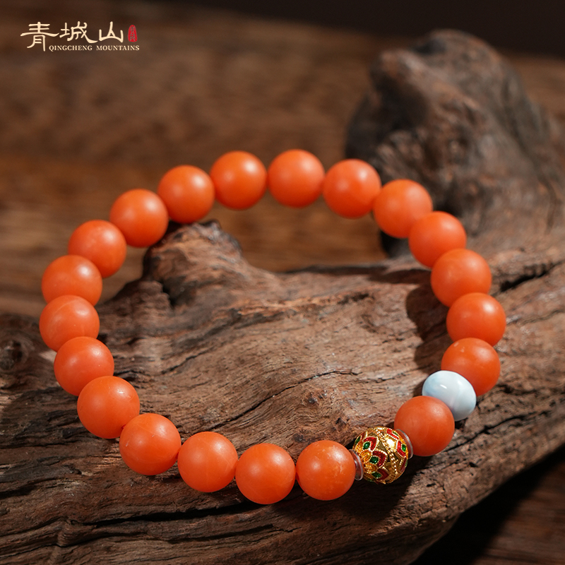 青城山天然保山南红手串柿子红8mm格桑花18K金镶嵌海纹石单圈手串
