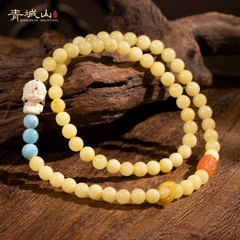 青城山【会员专享】白花蜜蜡项链7mm海纹石多圈手链两用蜜蜡慈航君