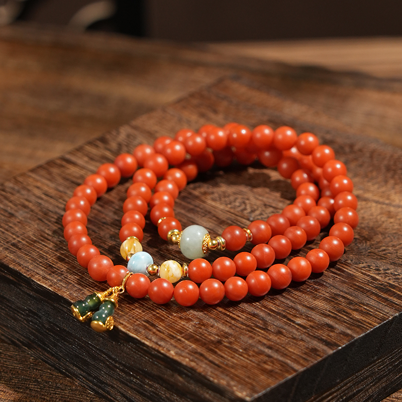 青城山天然保山南红项链辣椒红多宝三圈手串女款双福禄长链