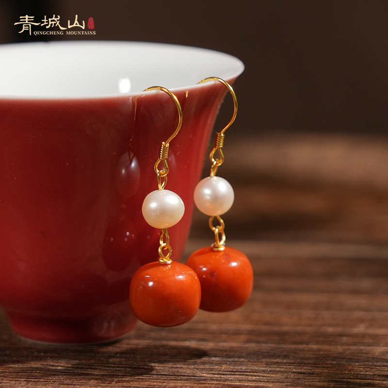 青城山天然南红耳环11mm老型苹果珠南红国风耳坠