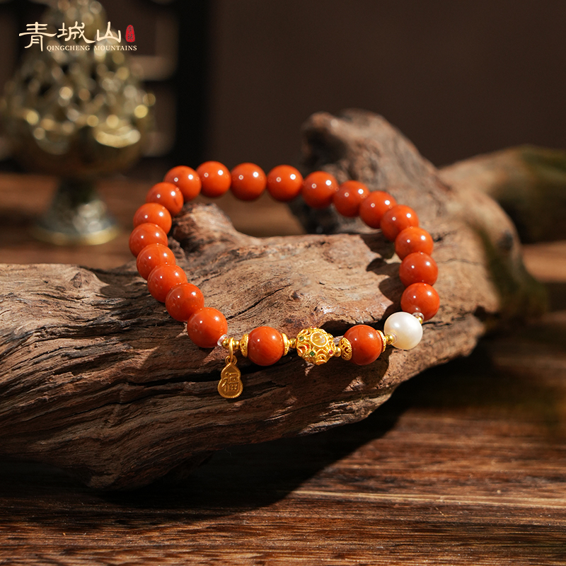 青城山正宗川料柿子红8mm珍珠南红玛瑙手串单圈掐丝花球国风手串