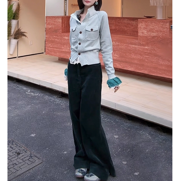 【花粉专享】暗夜绿灯灯绒感高腰阔腿休闲裤秋冬加厚保暖拖地裤