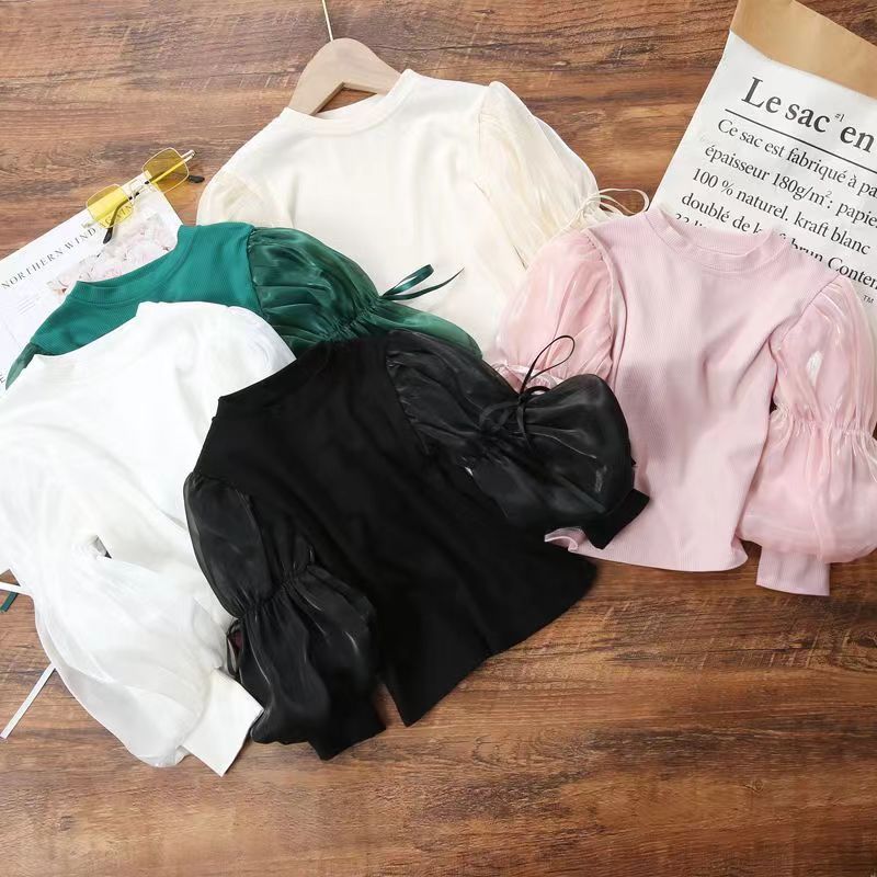 百合缎爆款女童2025春秋款长袖T恤圆领纯色蓬蓬袖时髦洋气打单衫