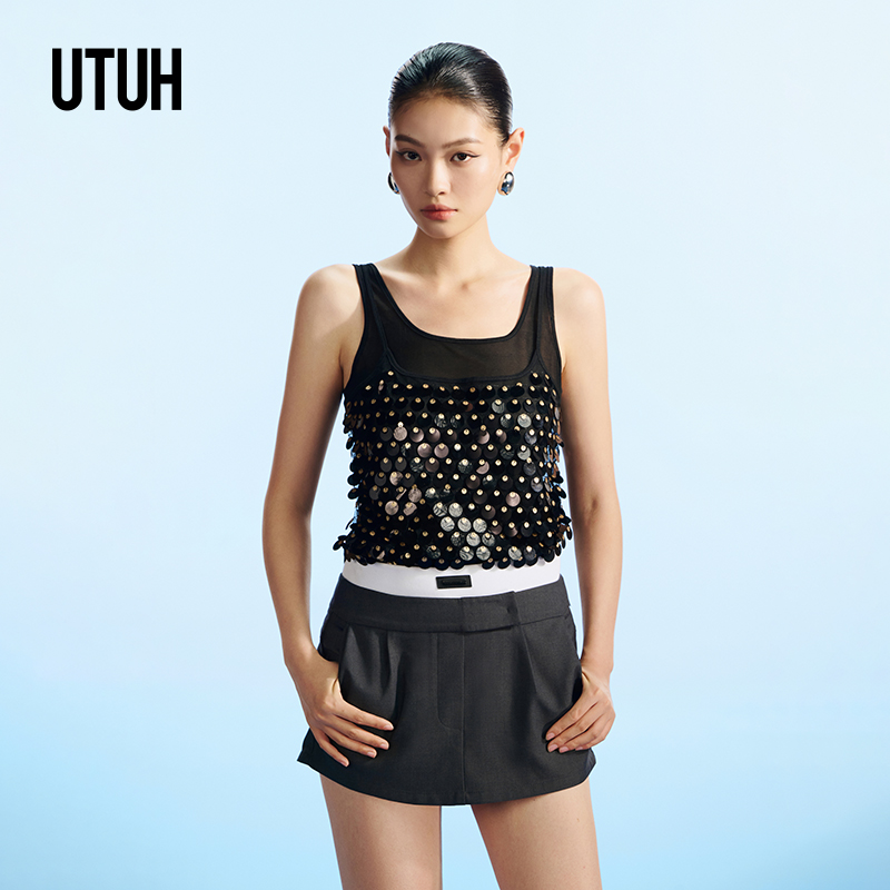 UTUH 波光粼粼 黑色假两件珠片背心女时髦 TUWFA1N171