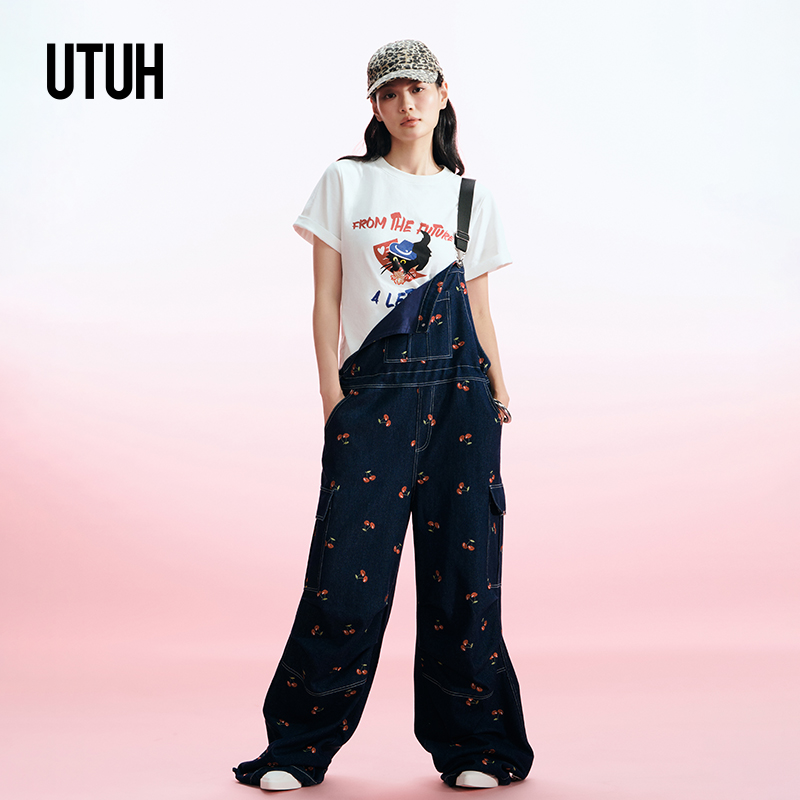 UTUH 趣味绣花牛仔樱桃青春氛围感背带工装裤宽松休闲 TLWFA1K179