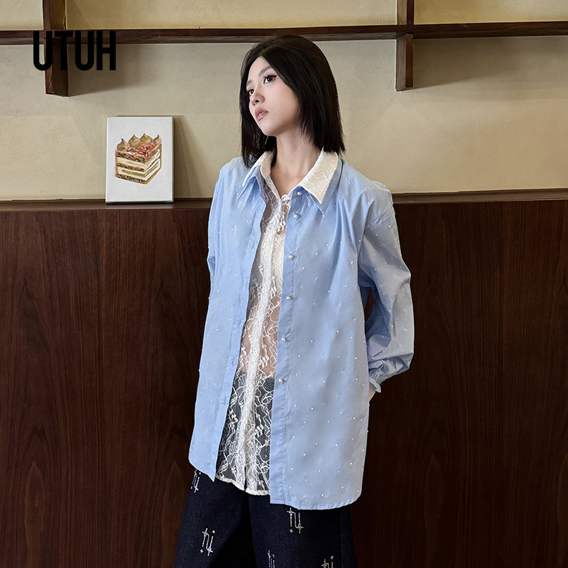 UTUH 星星点点蓝色假两件蕾丝廓形百搭打底上衣衬衫女 TDWFW1C270