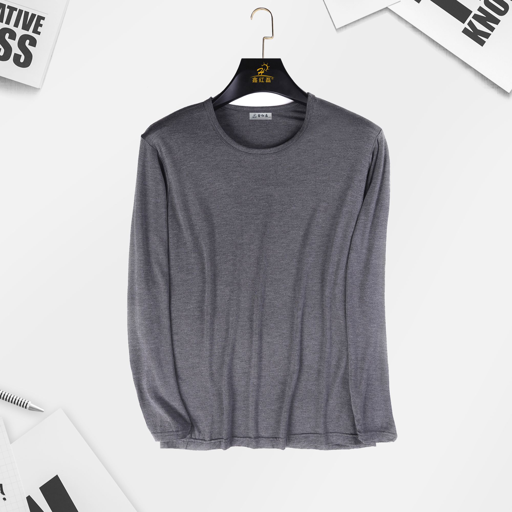 莫代尔面料男士秋衣修身薄款保暖内衣纯色圆领套头打底衫加大春秋