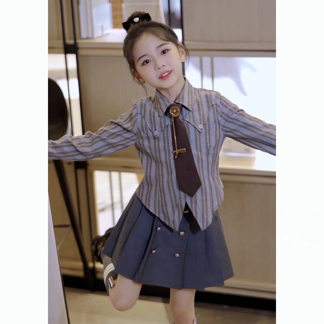 女童条纹衬衫2024秋款新款中大童学院风气质休闲儿童上衣洋气时尚