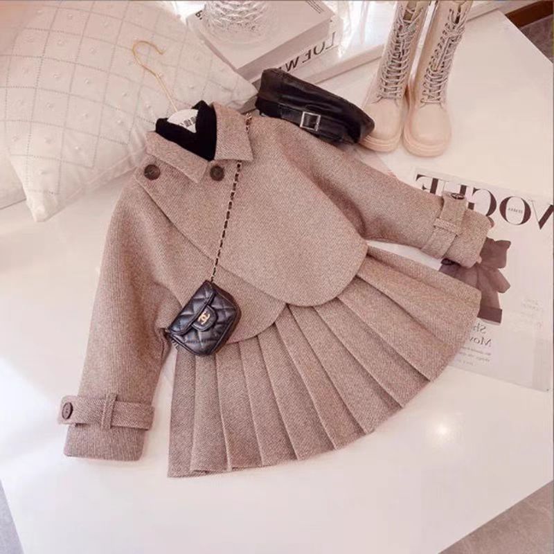 女.童毛呢外套套装2024春秋新款儿1童秋冬裙子女宝宝韩版两件套潮