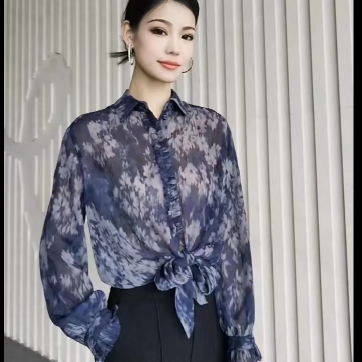 【商场同款】印花长袖衬衫复古洋气港风气质宽松花色衬衣女5300285