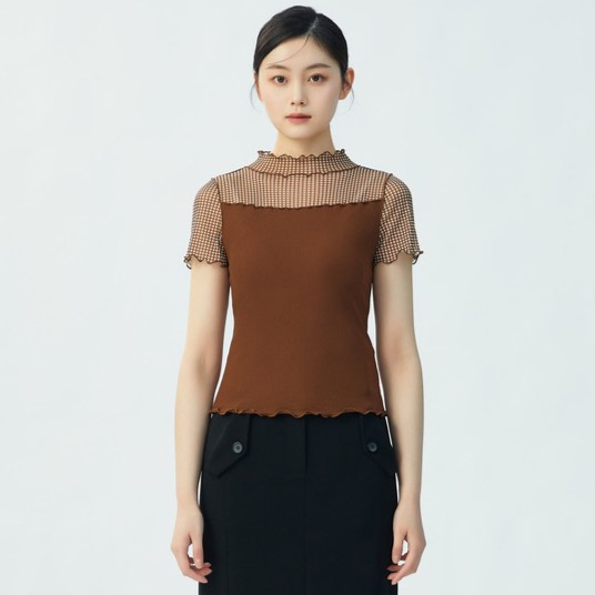 【商场同款】短袖蕾丝衫木耳边网纱气质修身显瘦拼接雪纺衫1300643