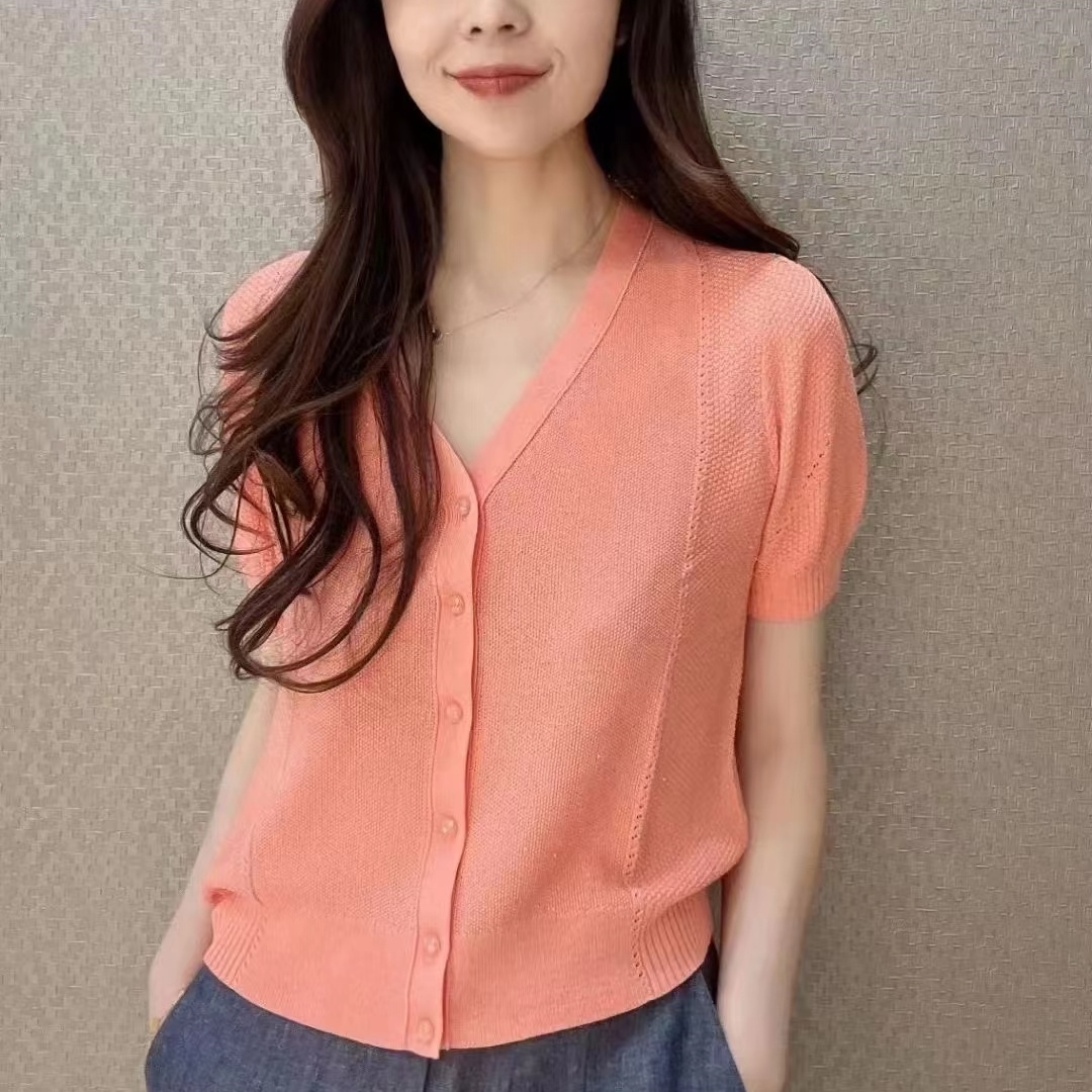 【商场同款】冰丝V领针织衫夏季百搭清凉色彩气质短袖开衫女5499253