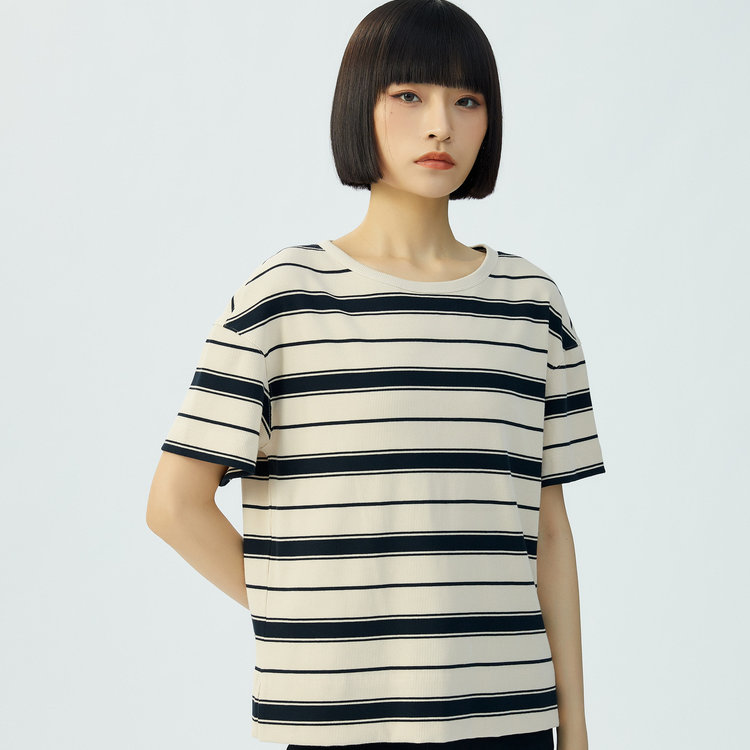【商场同款】条纹T恤春夏休闲时尚宽松百搭圆领短袖上衣女1300788