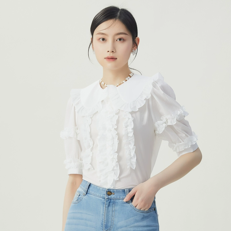 【商场同款】荷叶边娃娃领衬衣春夏减龄轻甜宫廷风衬衫女1300957
