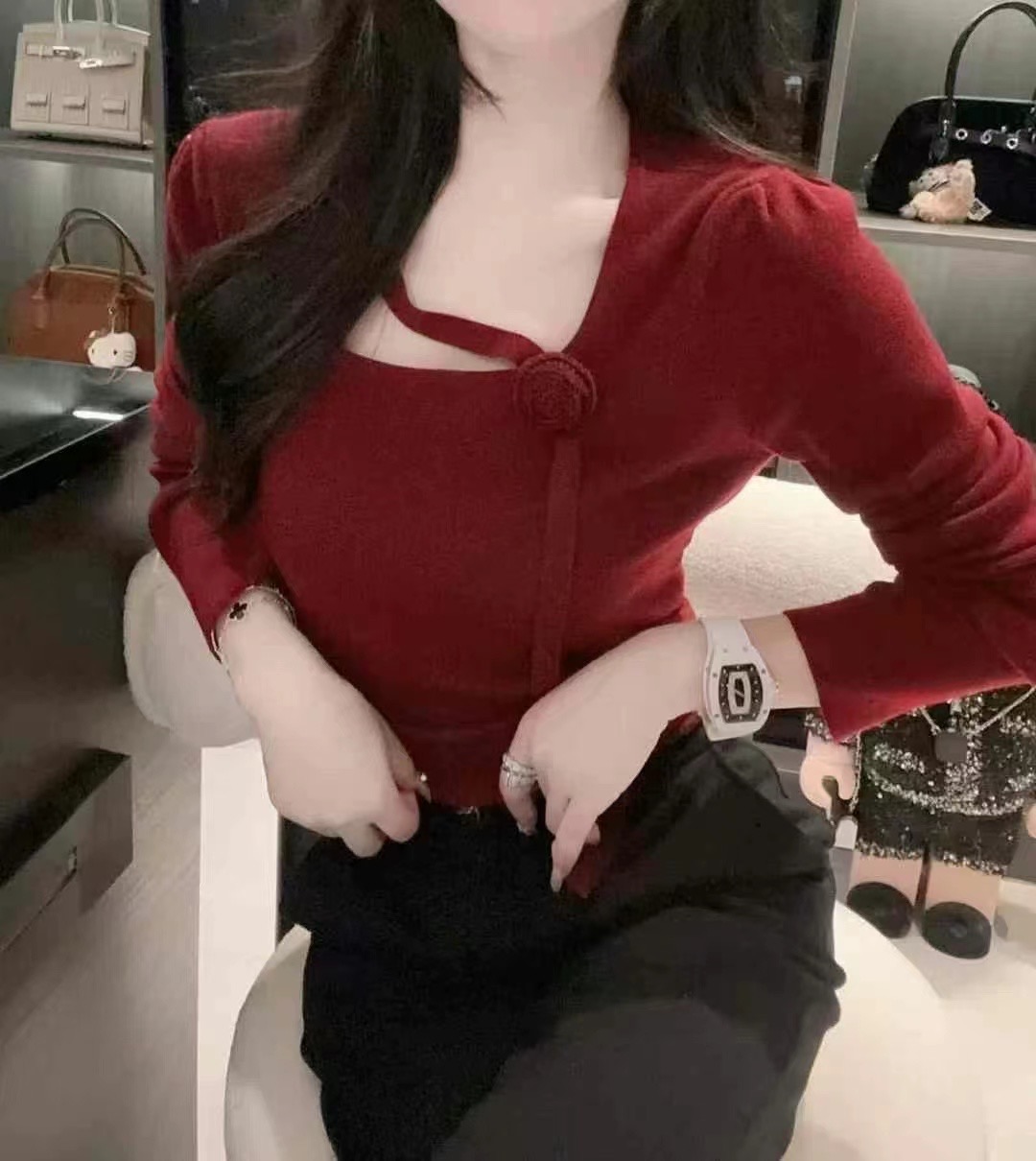 述恩推荐2024纯欲风收腰显瘦针织衫套头设计感长袖修身百搭