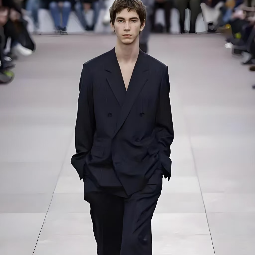 1702-2025春季新款高级轻奢男士黑色休闲圆领衣时尚潮牌