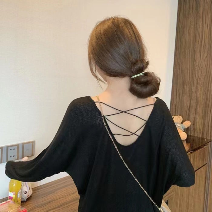 后背小心机防晒T恤女2025夏季新款韩版宽松薄款黑色长袖休闲上衣