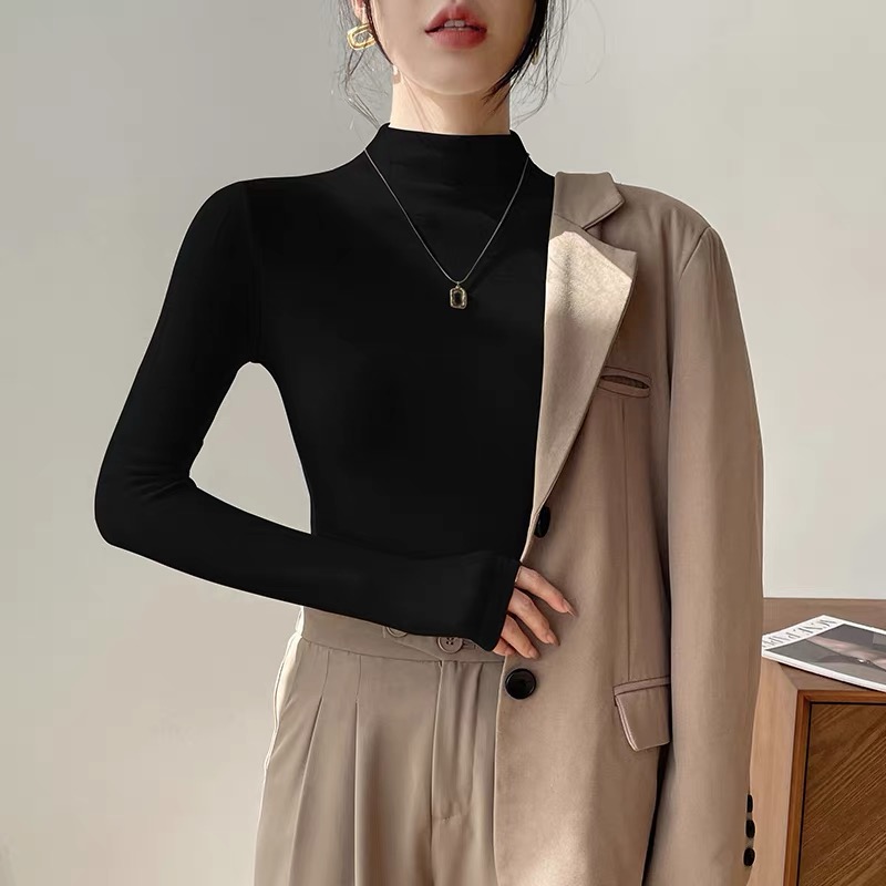 （螺纹棉加绒）半高领打底衫女内搭秋冬新款红色修身上衣长袖时尚T