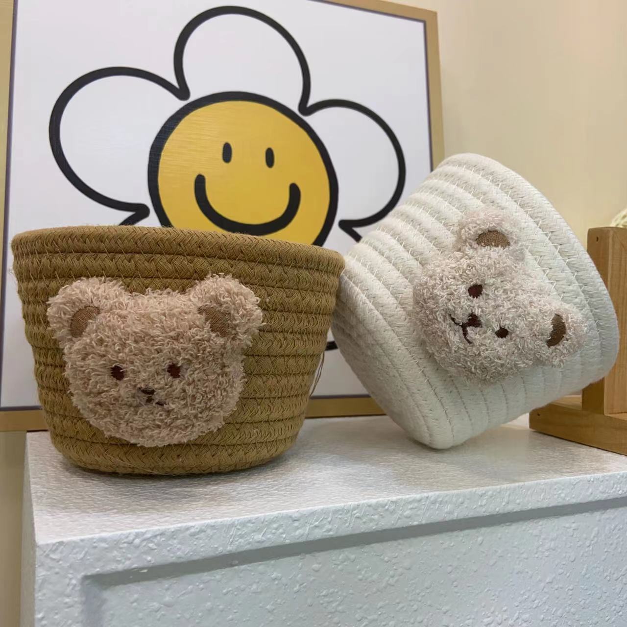 ins风棉绳收纳篮可挂小熊桌面收纳盒杂物发夹发圈发饰化妆刷棉线