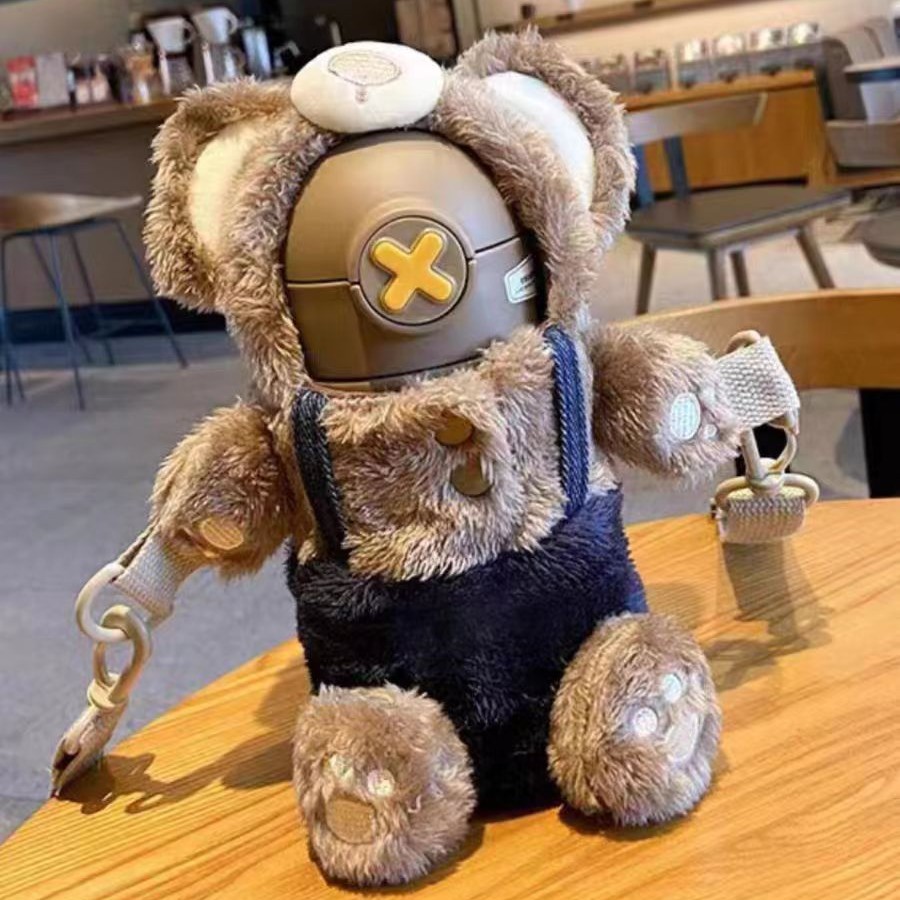 仔仔熊毛绒布套316不锈钢儿童保温杯带吸管小学生幼儿园上学水杯