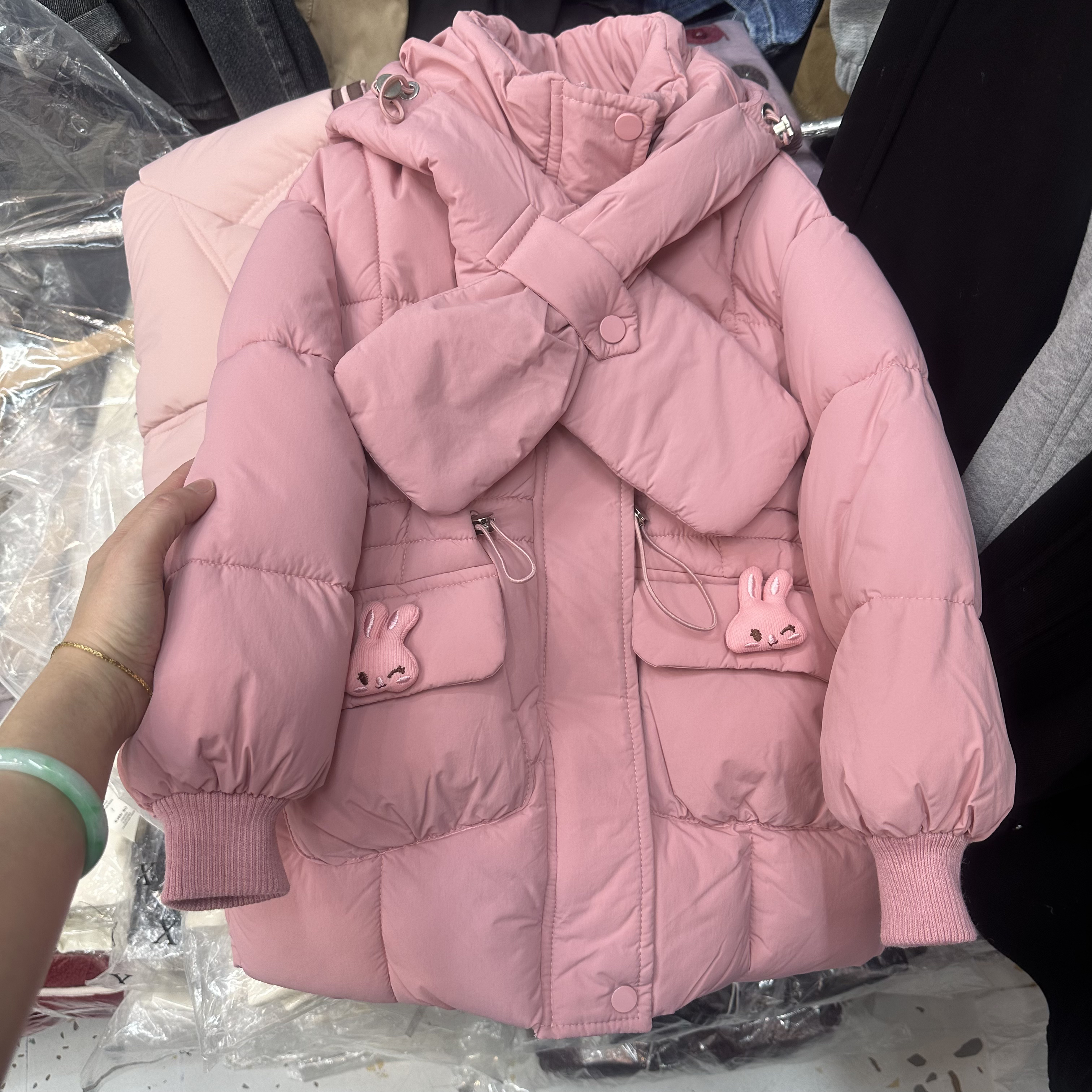 女童棉服冬季新款甜美马卡龙兔子收腰中小童外套中长款加绒