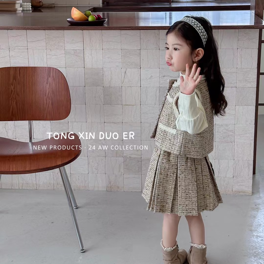 韩国童装名媛小香风重工马甲裙子套装{三件套}公主时尚洋气韩版