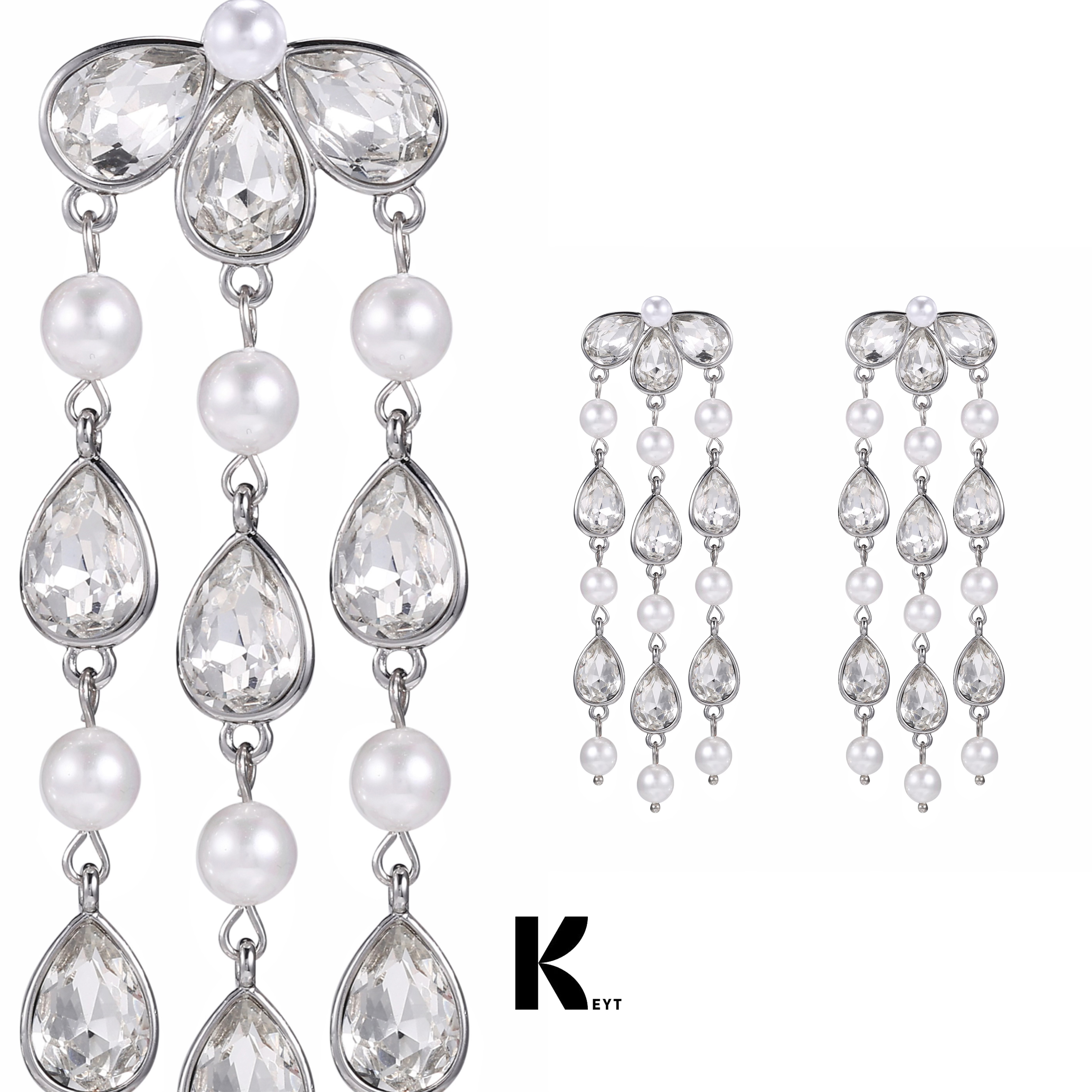 KEYT 铜合金合成锆石耳饰 白珠锆石双元素水滴流苏耳饰
